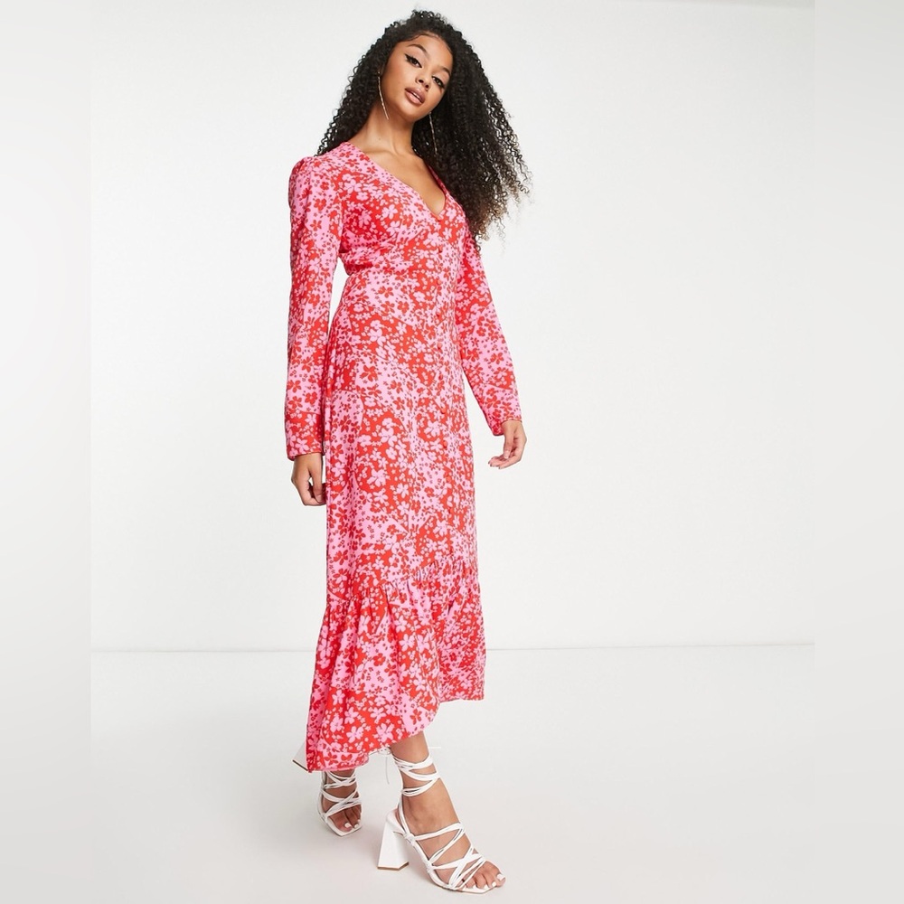 ASOS DESIGN Tall hi low hem midi dress in pink and red splice floral print L